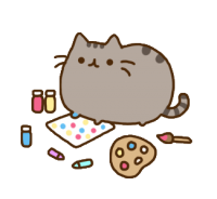 Pusheen painting on paper surrounded by little paint tubes and brushes