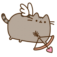 Pusheen as a cupid with wings, a bow and a heart-tipped arrow