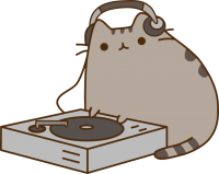 Pusheen wearing headphones spinning a vinyl record