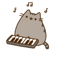 Pusheen playing an electric keyboard with music notes