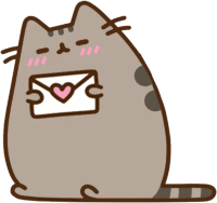 Pusheen holding a pink envelope with a heart on it