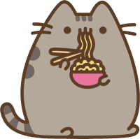 Pusheen slurping a bowl of pink noodles