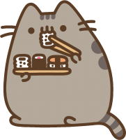 Pusheen biting into a giant sandwich
