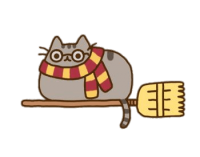 Pusheen dressed as a wizard with a striped scarf riding a broomstick