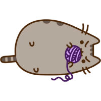 Pusheen lying on her back playing with a purple ball of yarn